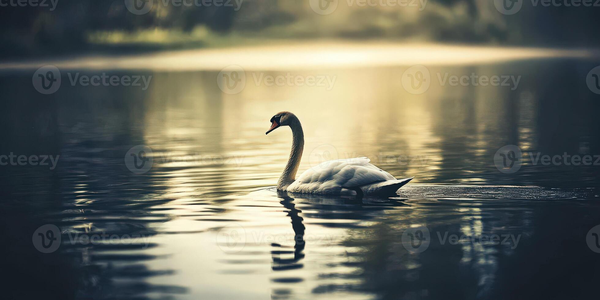 A swan swimming in a lake with trees in the background photo