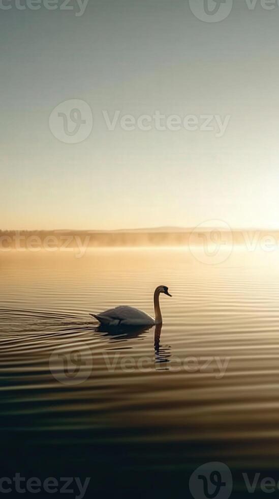A swan swimming in the water at sunrise photo