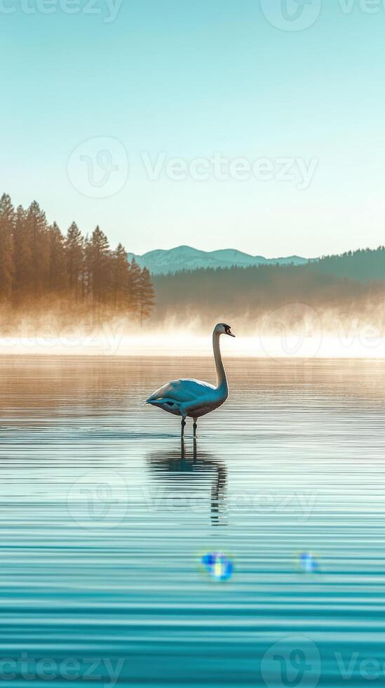 A swan is standing on the water in front of a forest photo