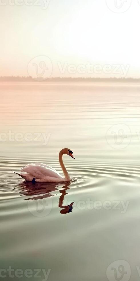 A swan swimming in a lake at sunrise photo