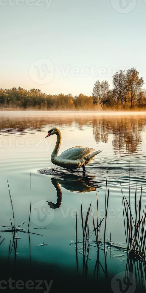 A swan is swimming on a lake in the morning photo