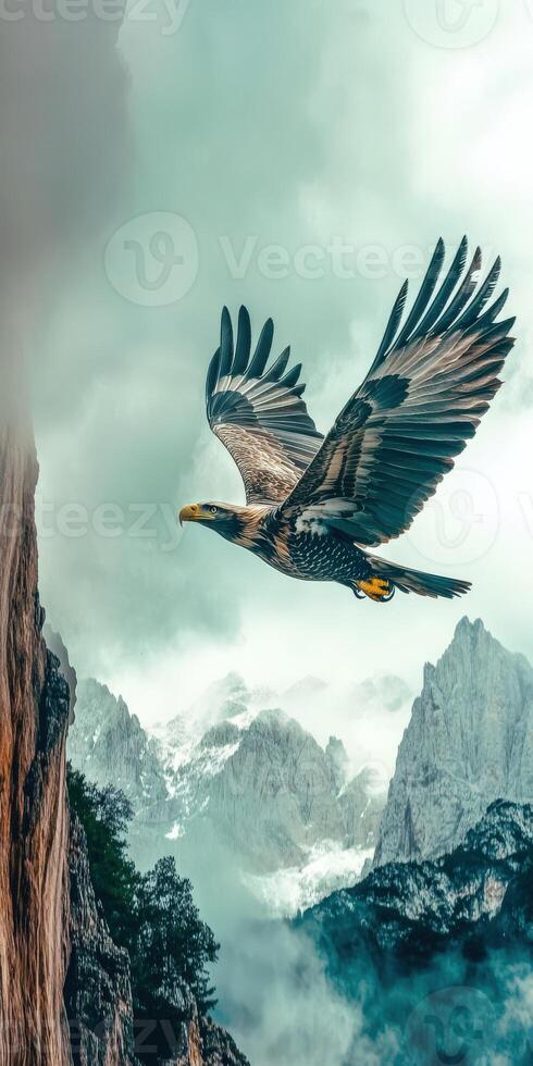 Majestic eagle soaring through mountains under cloudy sky photo