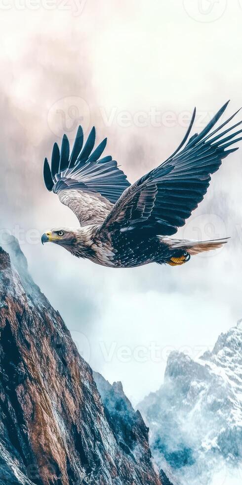 An eagle flying over a mountain range photo