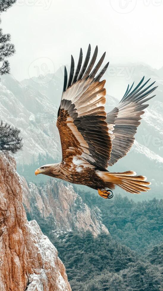 Majestic eagle soaring over rocky mountains in winter landscape photo