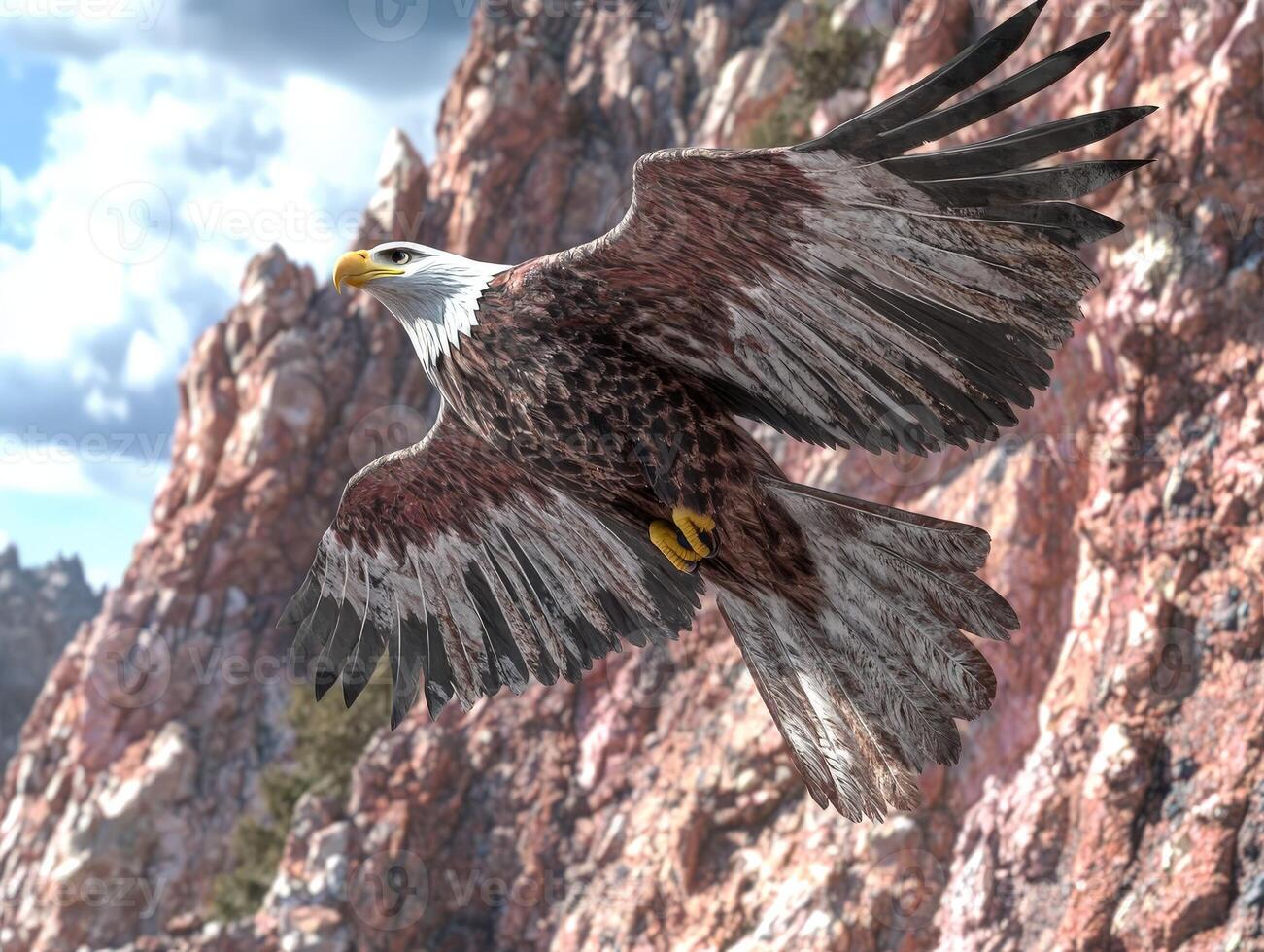 Majestic bald eagle soaring over rocky cliffs in natural habitat photo