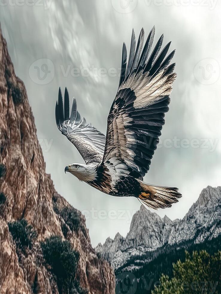 Majestic eagle soaring over rocky mountains under cloudy sky photo