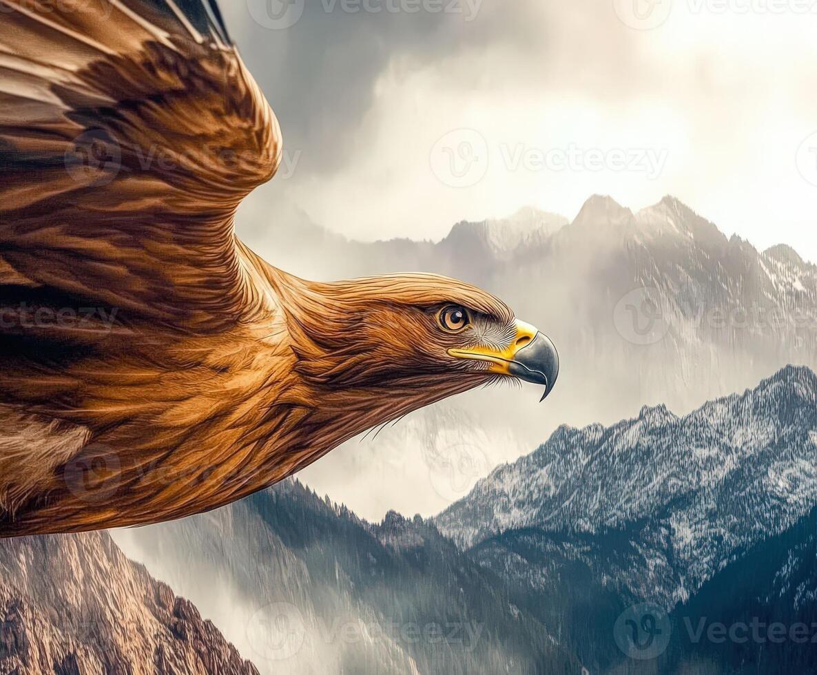 Golden eagle flying over mountains photo