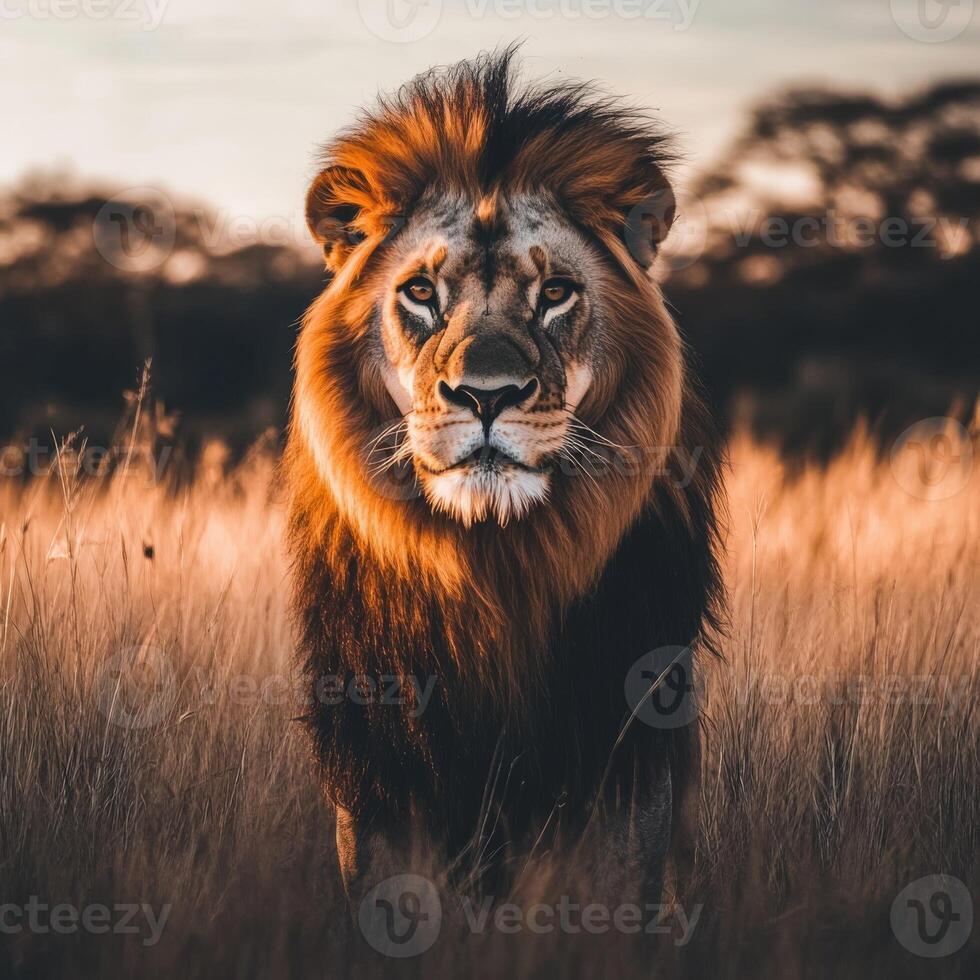 Majestic lion standing in golden grass at sunset in the wild photo