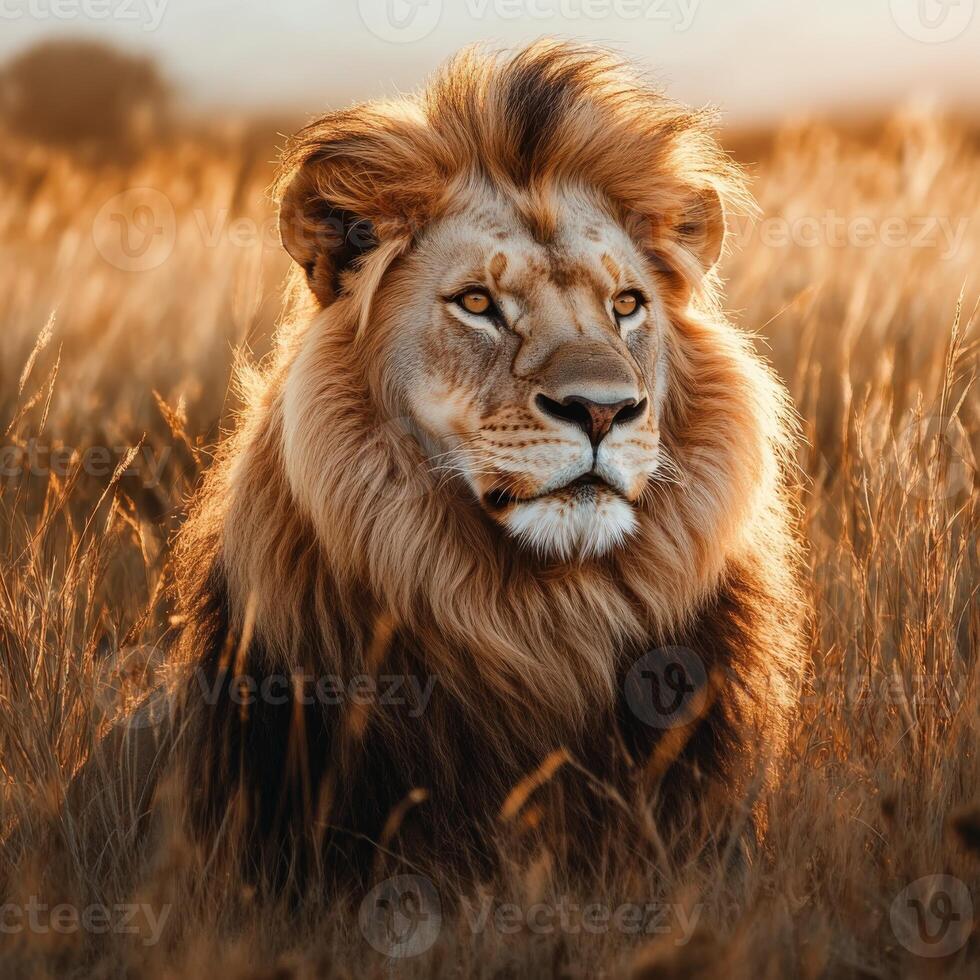 A lion is sitting in the grass at sunset photo