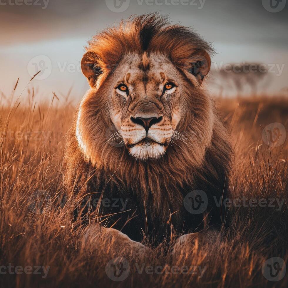 Majestic lion resting in tall grass during sunset photo