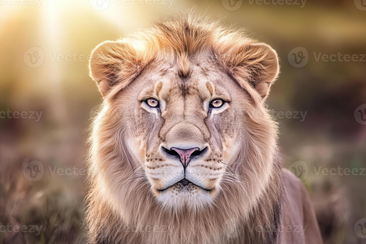 Majestic lion gazes into the distance at sunset photo