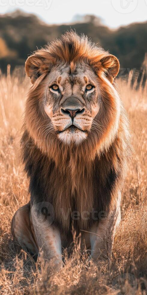 A lion sitting in the middle of a field photo