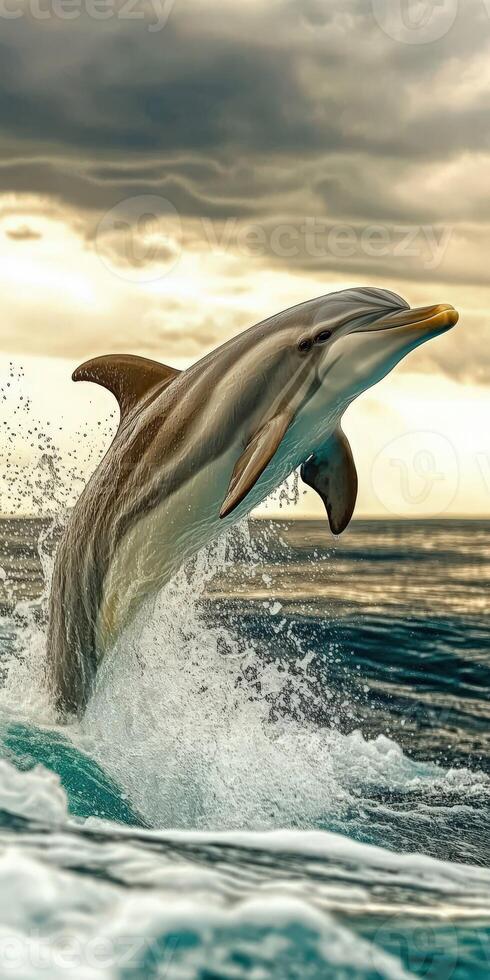 Dolphin leaps gracefully above the ocean waves at sunset photo