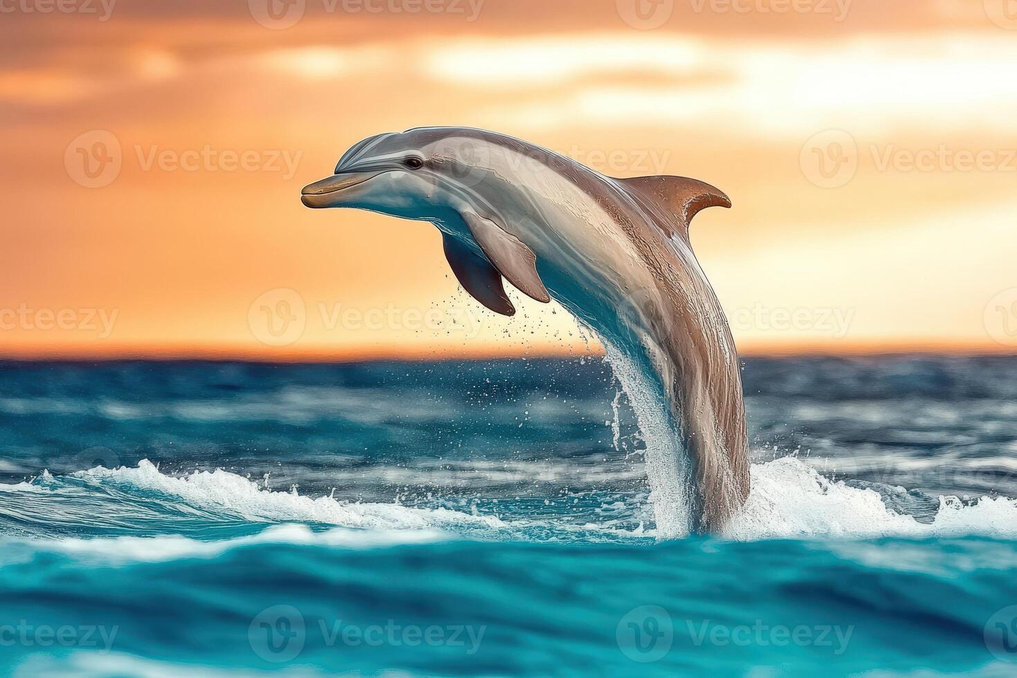 Dolphin leaps joyfully against a vibrant sunset backdrop photo