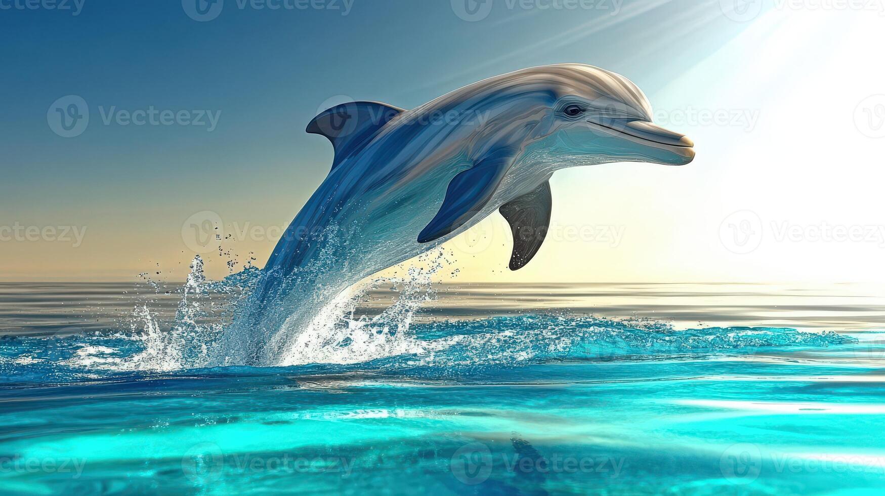 Dolphin leaps gracefully above crystal clear ocean waters at sunset photo