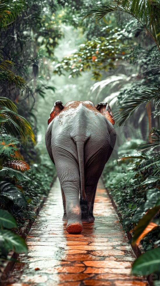 Elephant walks through lush forest pathway after rain photo