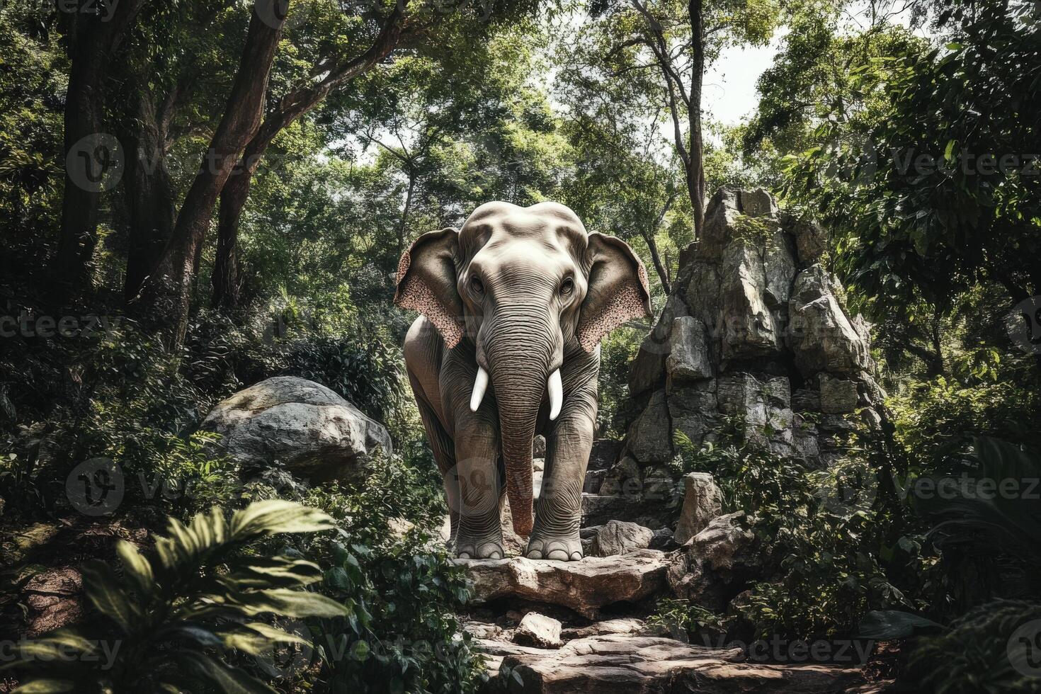 Majestic elephant standing in a lush forest setting photo