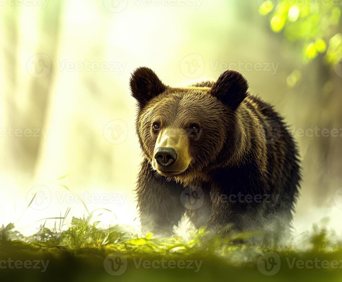 Grizzly bear exploring a misty forest setting in the daytime photo