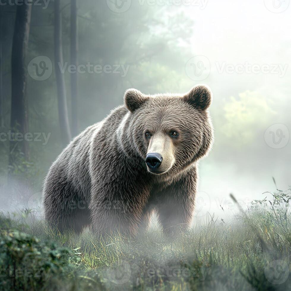 Majestic grizzly bear walking in misty forest during early morning photo
