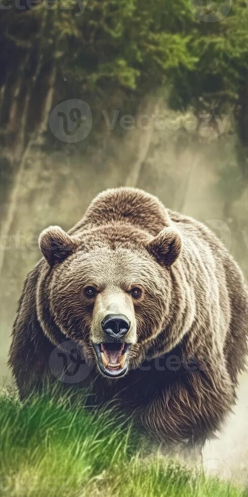 Grizzly bear walking through the forest during daylight hours photo