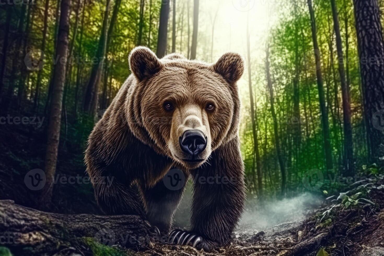 Bear walks through a misty forest with sunlight filtering in photo