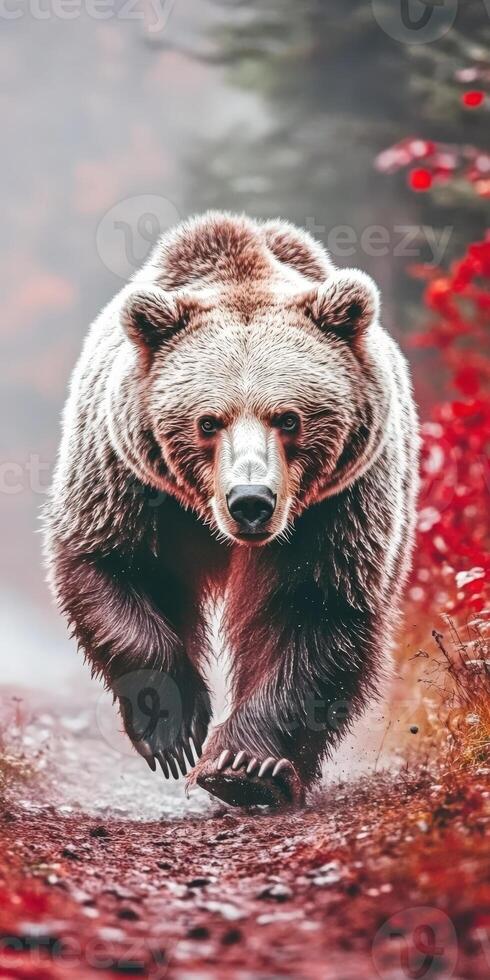 Grizzly bear walks through autumn forest in soft light photo