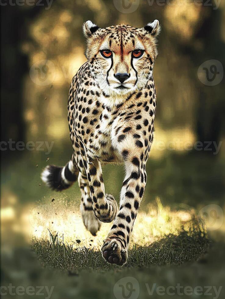 Cheetah running swiftly through a lush green forest setting photo