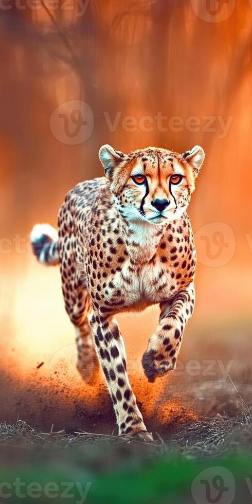 Cheetah sprinting through a vibrant landscape at sunset photo