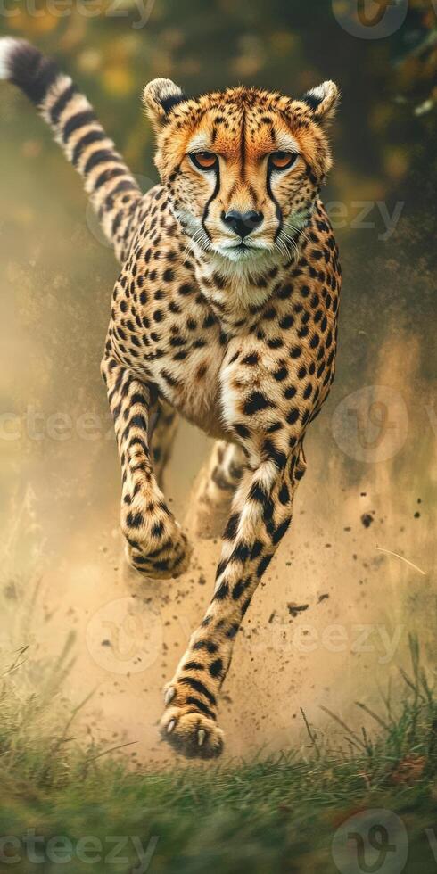Cheetah running swiftly through tall grass in the wild photo