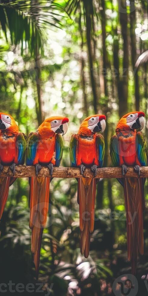 Colorful parrots perched on a branch in the rainforest photo