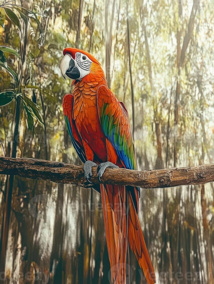Colorful macaw perched on branch in vibrant forest photo
