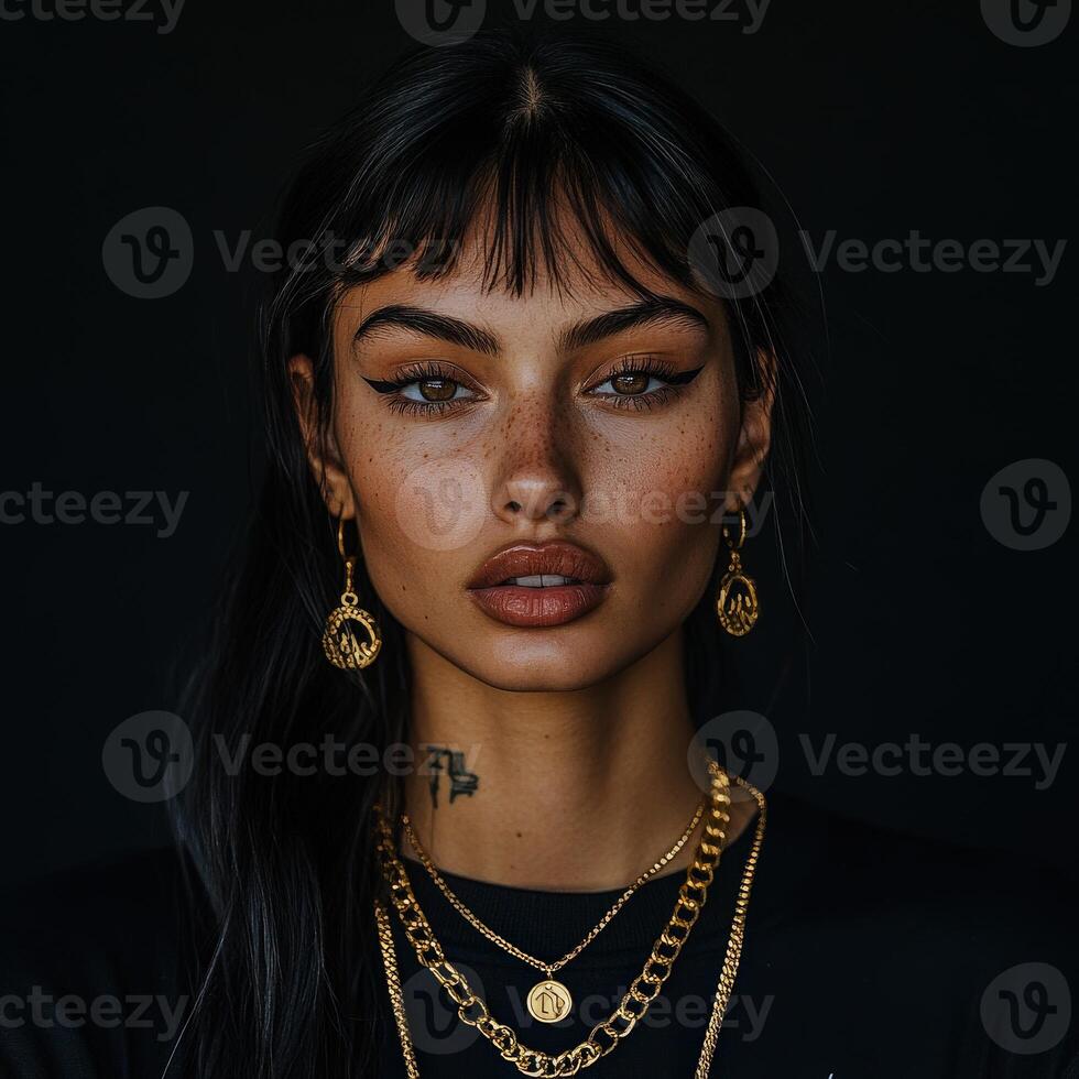 Elegant woman with striking features in dark setting photo