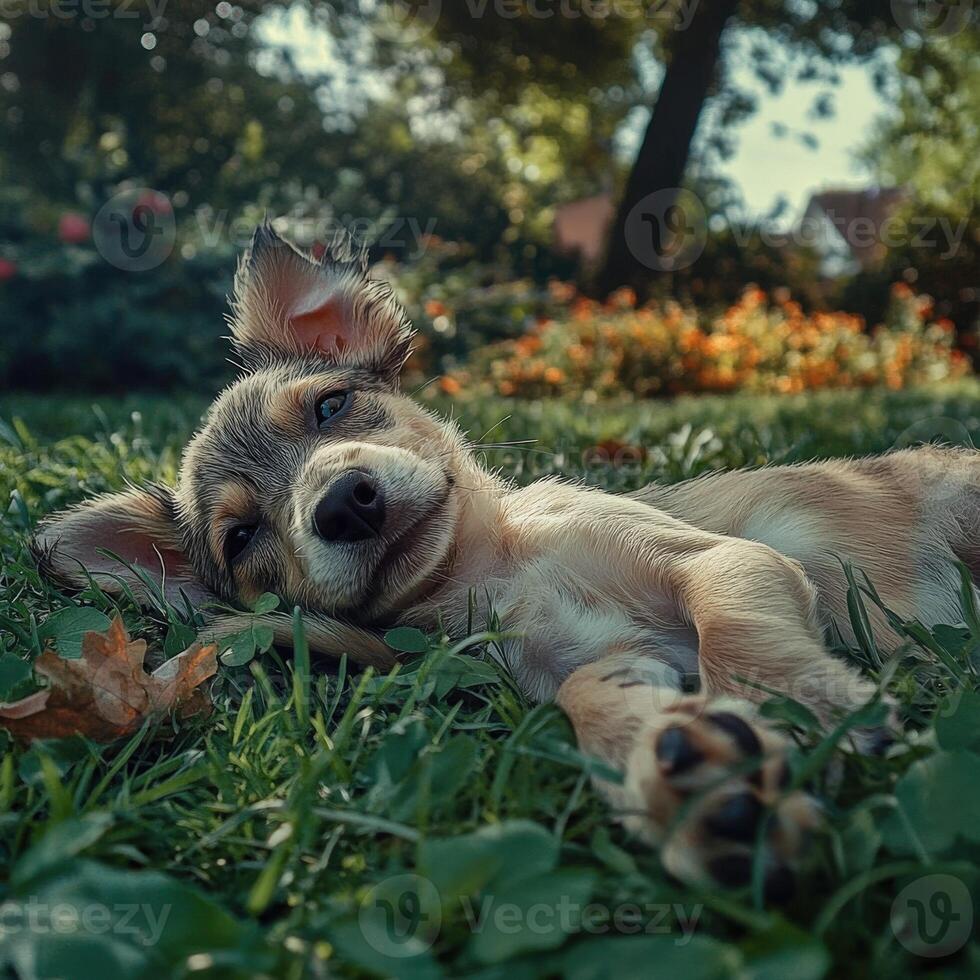 Cute puppy enjoys a sunny day lying on the grass in the garden photo