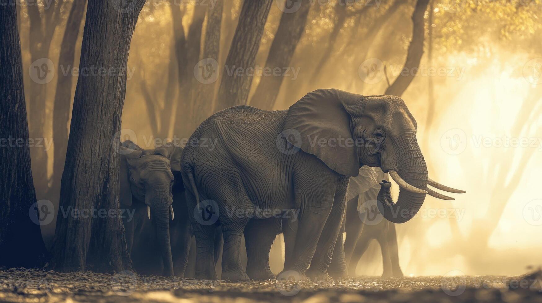 Majestic elephants walk through a misty forest at dawn photo