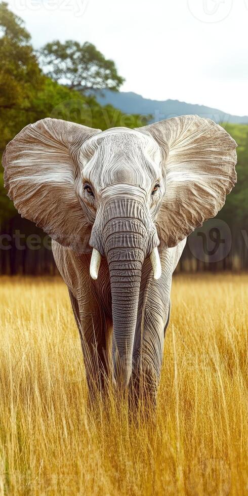 An elephant is walking through a field of tall grass photo