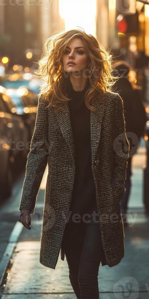 Woman in boucle fabric coat walking through city streets at sunset photo