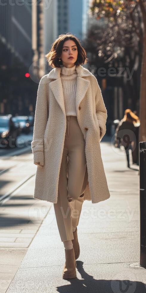 Stylish woman walks confidently in boucle fabric coat on city street photo