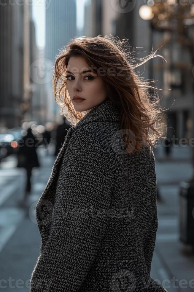 Woman in boucle fabric coat walking through a bustling city street photo