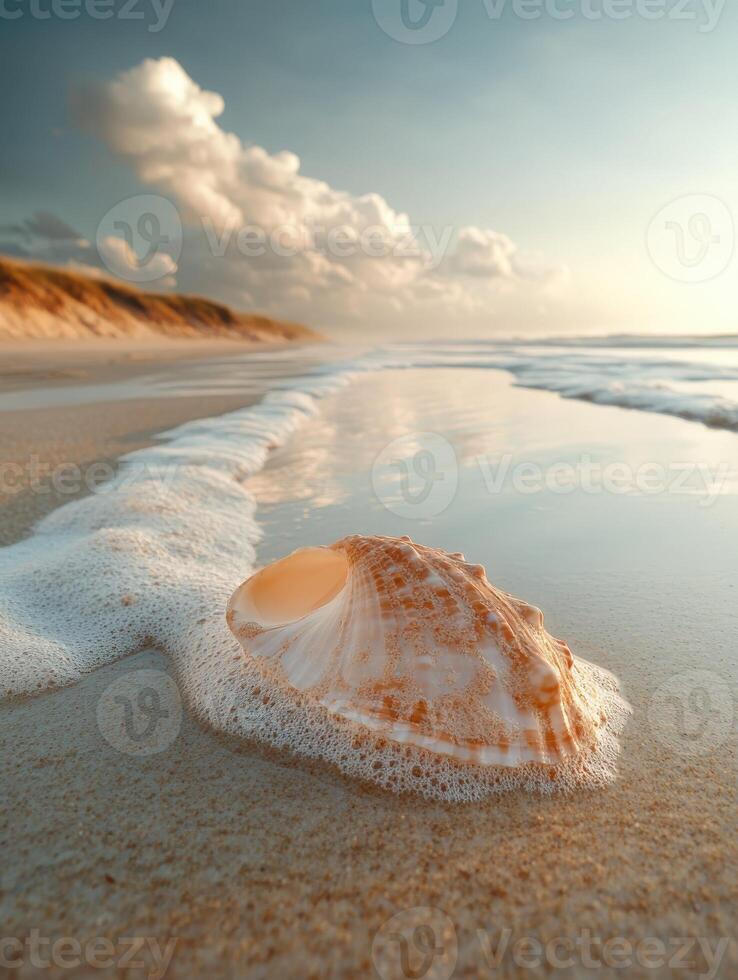 Seashell resting on the shoreline during golden hour photo