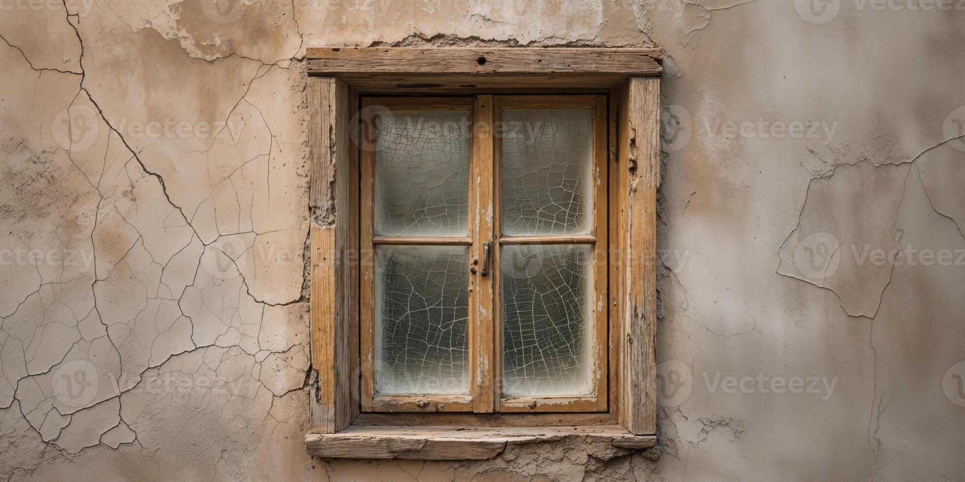A window with a broken frame and peeling paint photo