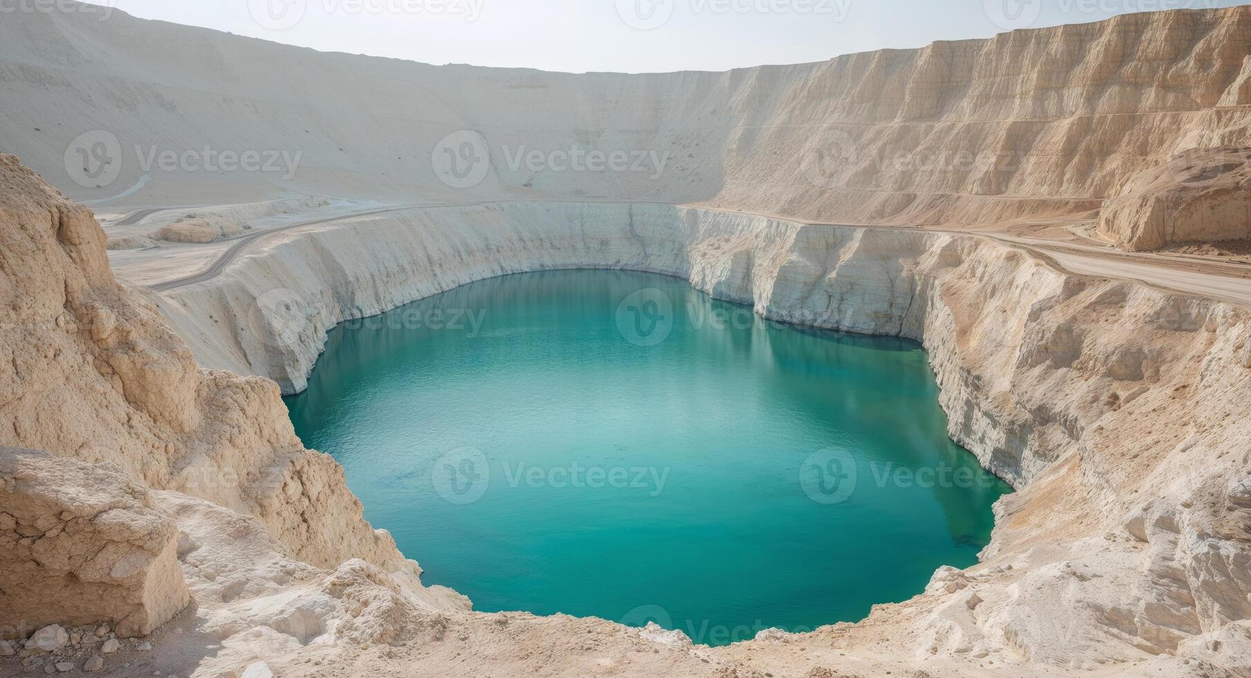 A large hole in the ground with a blue lake photo