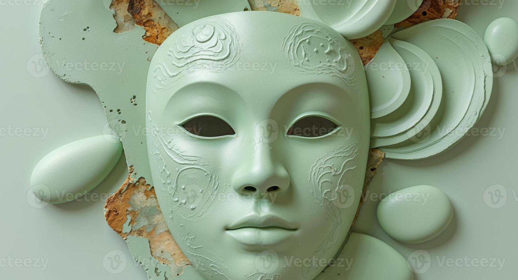 A green mask with a face and flowers photo