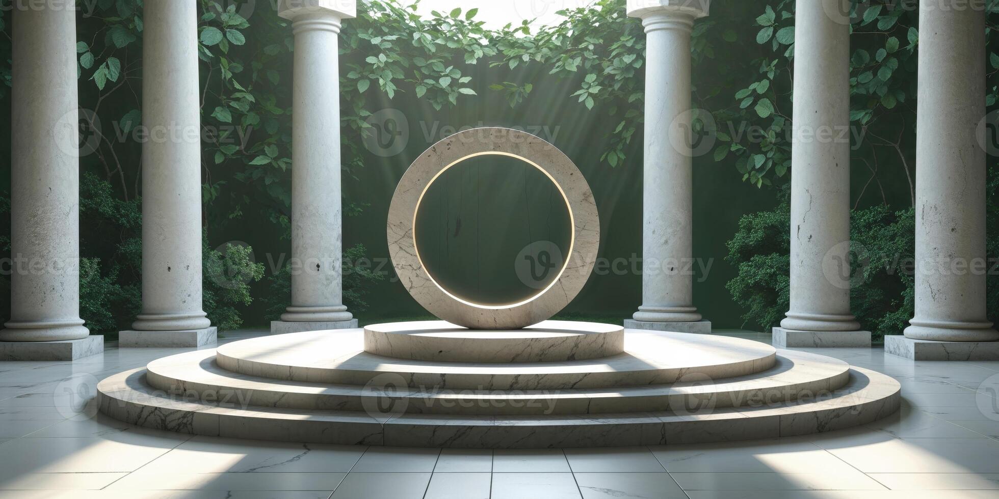 An empty circular room with pillars and a circular stone photo