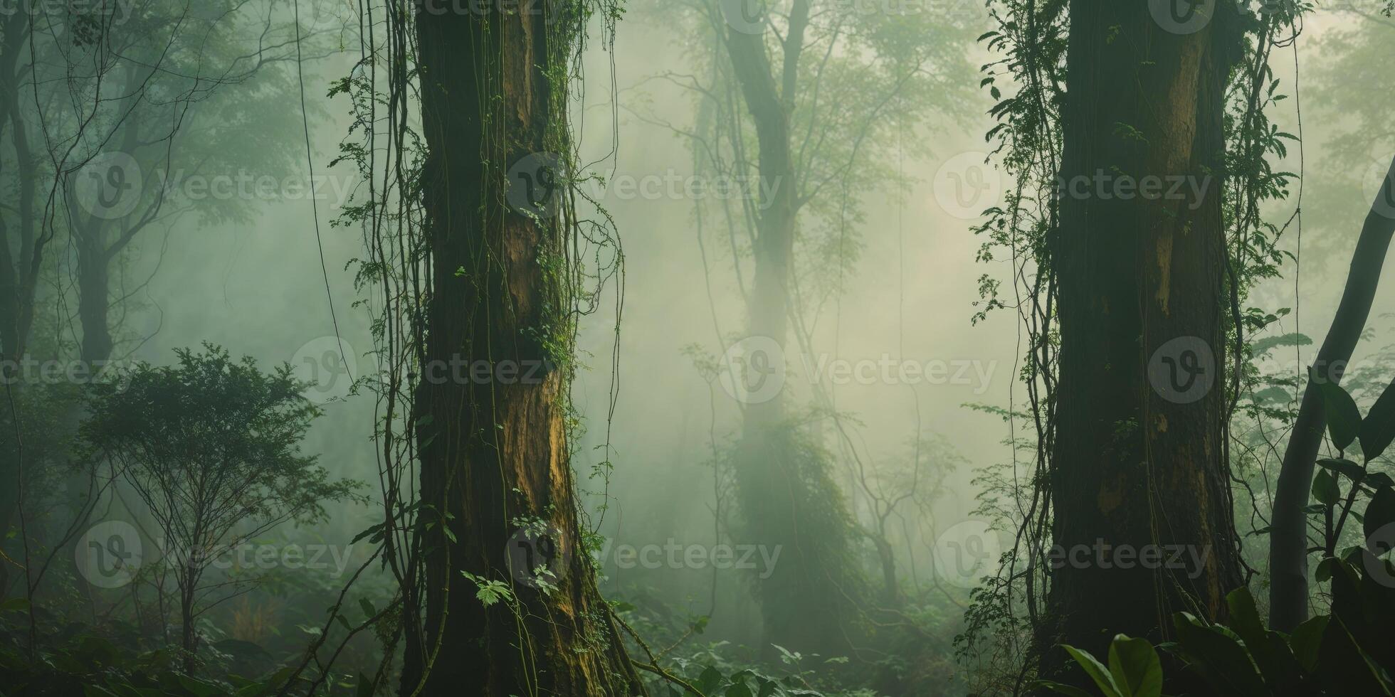 A forest with trees and plants in the fog photo
