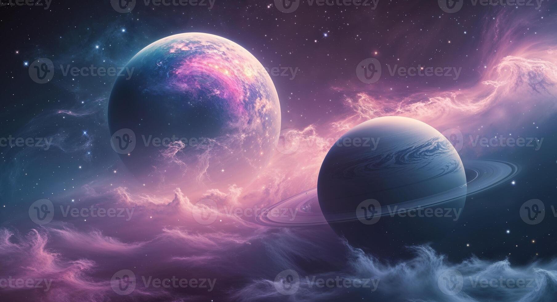 Two planets in space with clouds and stars photo