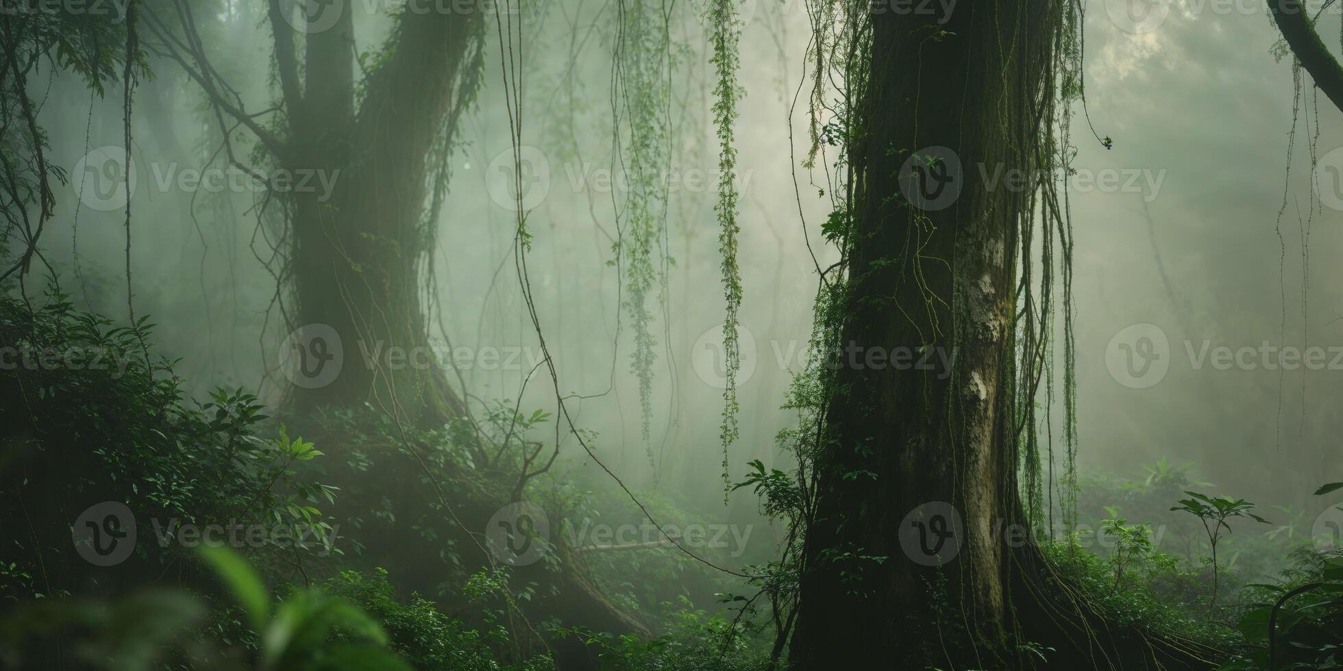 A misty forest with trees and vines photo