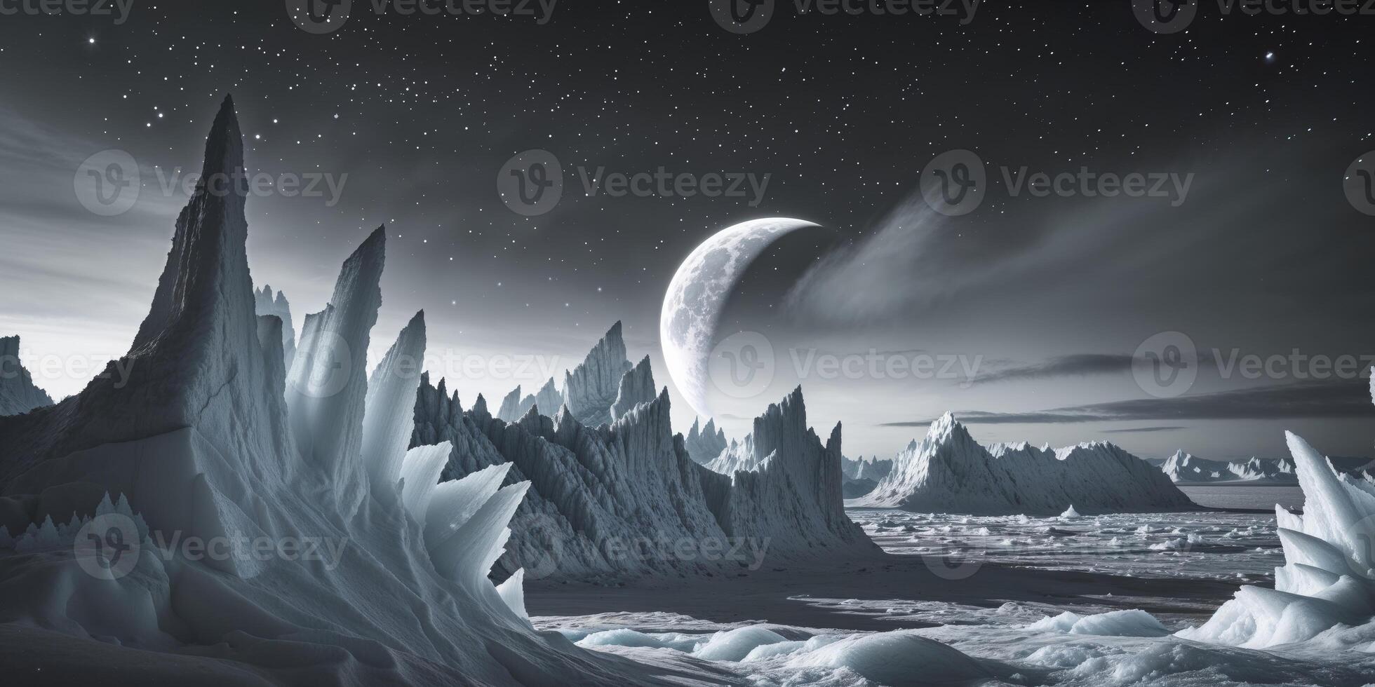 An alien landscape with ice and moon in the sky photo