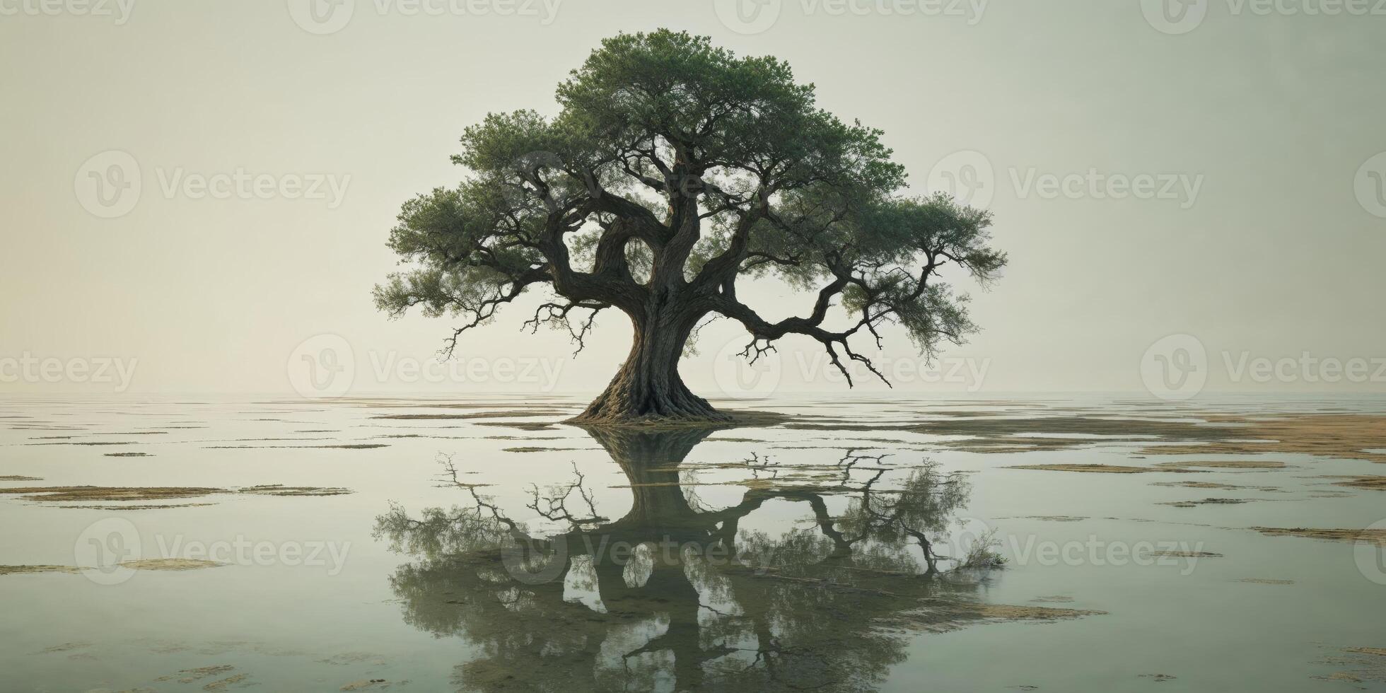 A lone tree is reflected in the water photo