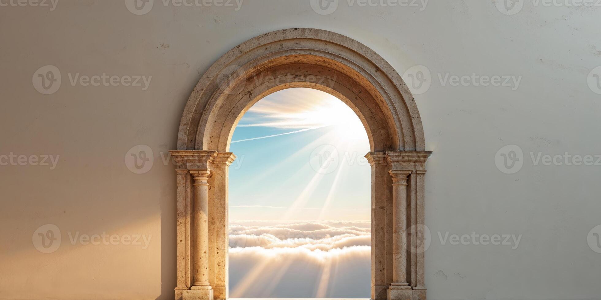 An open archway with clouds and sun shining through photo