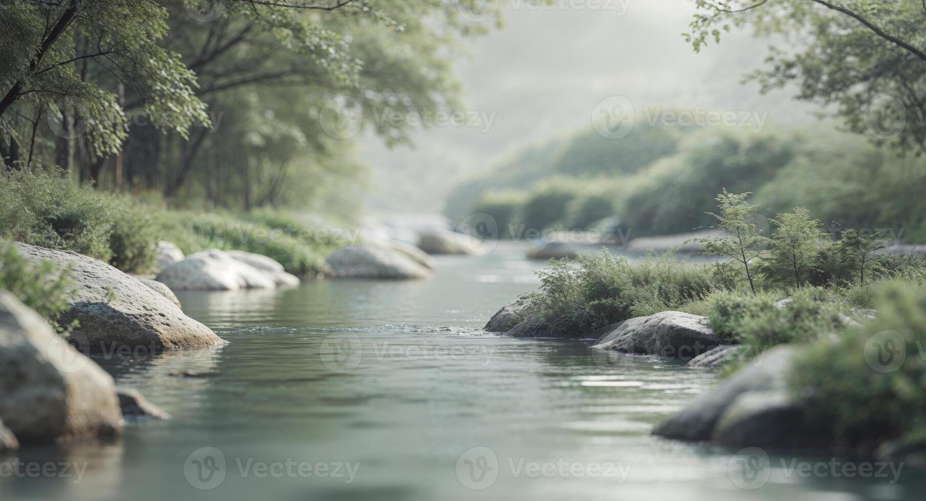A river running through a forest with rocks and grass photo